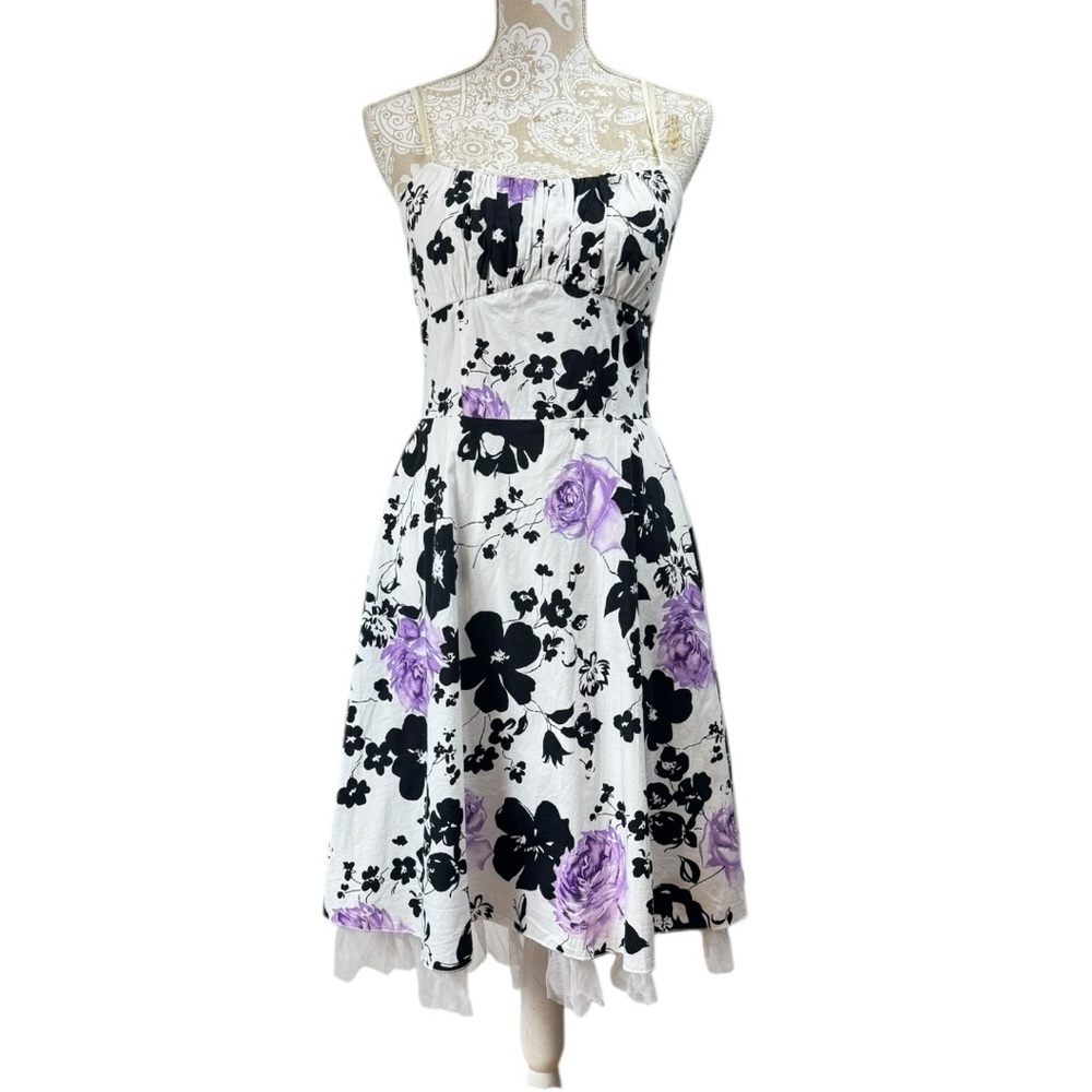 Vintage Y2K Milkmaid Floral Dress Size 13 M Fairy Coquette Feminine Tulle Hem